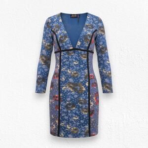 Free People Blue Boho Floral Stretch V Neck Archive Bodycon Dress Size 10